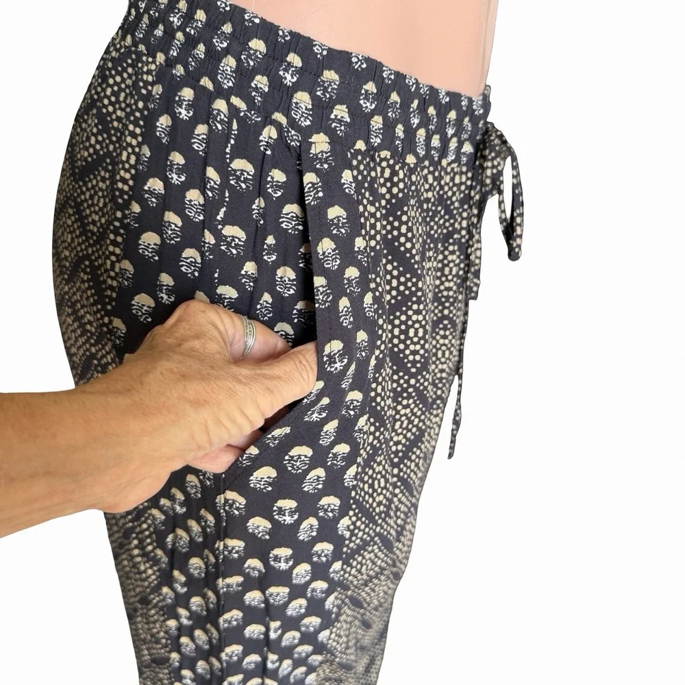 Michael Stars Jordan Pant M• Black Beige Printed Wide Leg Pull Boho Resort Flowy